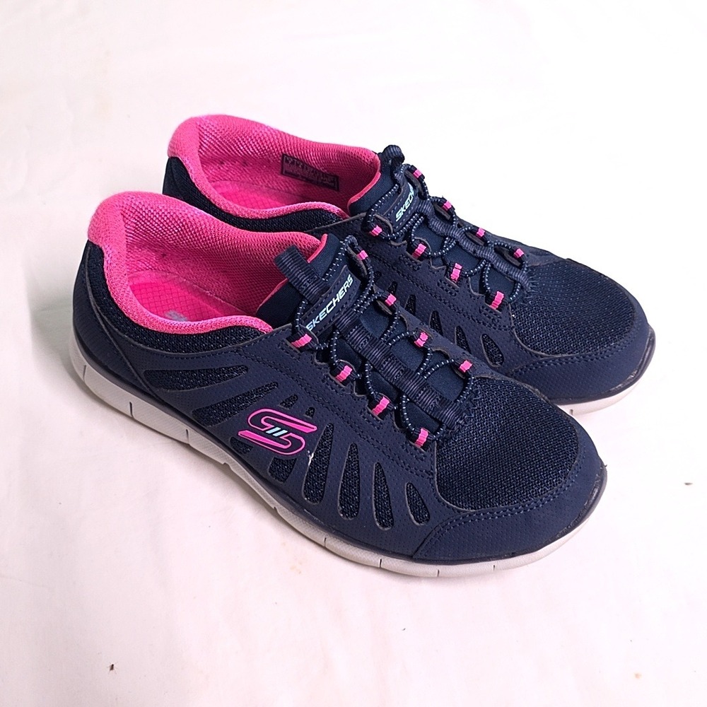 Skechers Sneaker Womens 7 Navy Pink Air-Cooled Memory Foam Bungee Lace Shoes